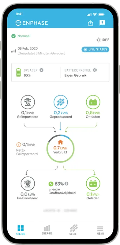 Enphase enlighten app - voorbeeld homescreen met iq gateway metered